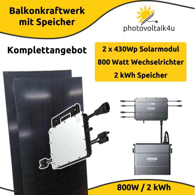 800 Watt Balkonkraftwerk mit 860Wp+ Solarmodulleistung und 2kWh-Speicher von Zendure ab 1.599,00 Eur