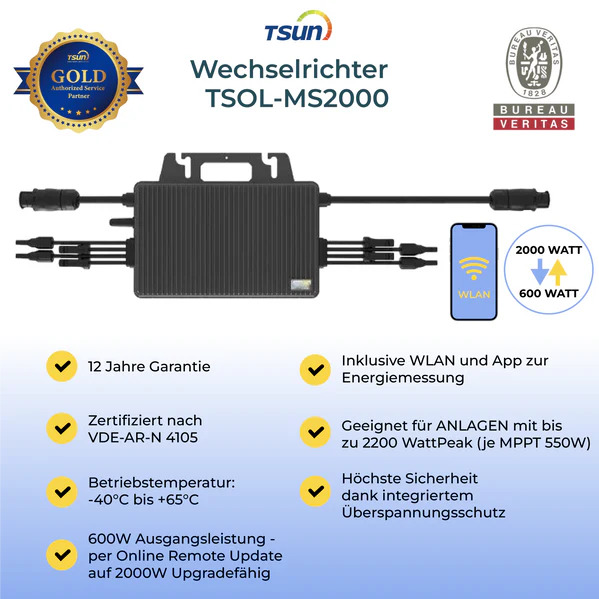 Der WLAN-fähige TSUN TSOL-MS2000 mit 800 Watt für 3 oder 4 Solarmodule ab 299 €.